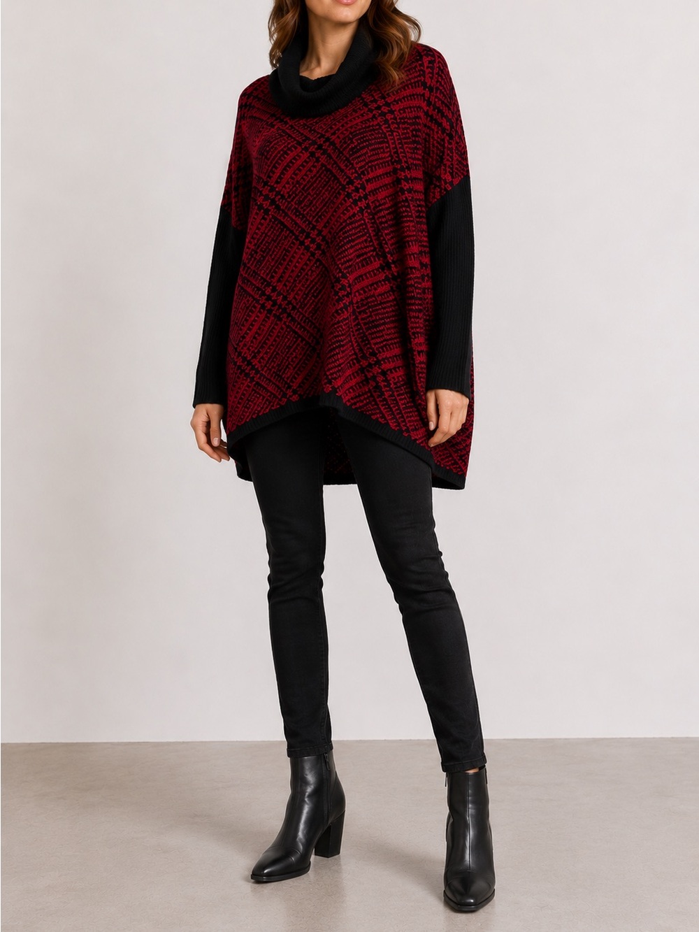 90s Vintage Joseph A. Oversized Sweater Cowl Neck Red Black Checkered Medium